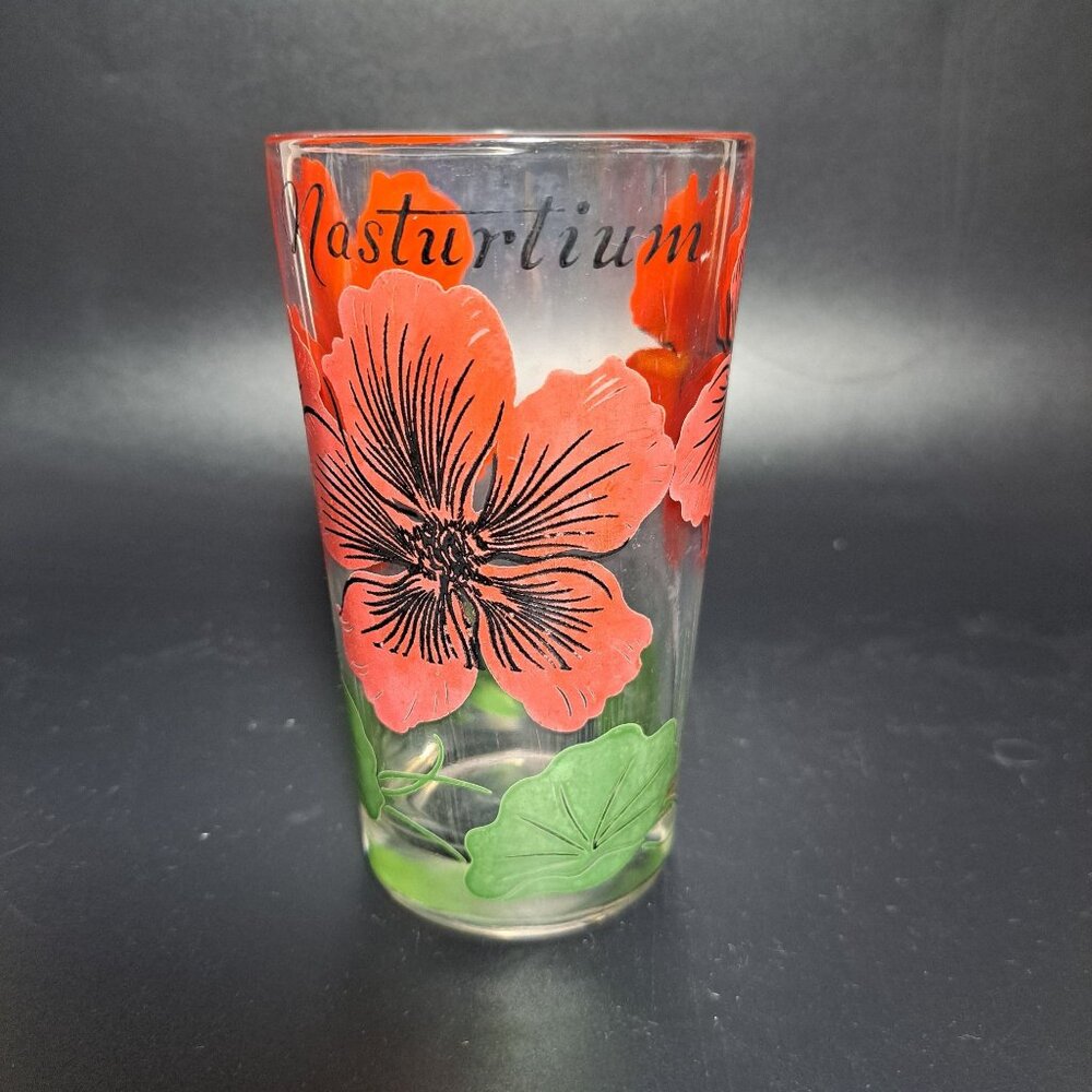 Peanut Butter Nasturtium Flower Glass Tumbler Red Floral Collectible Vintage